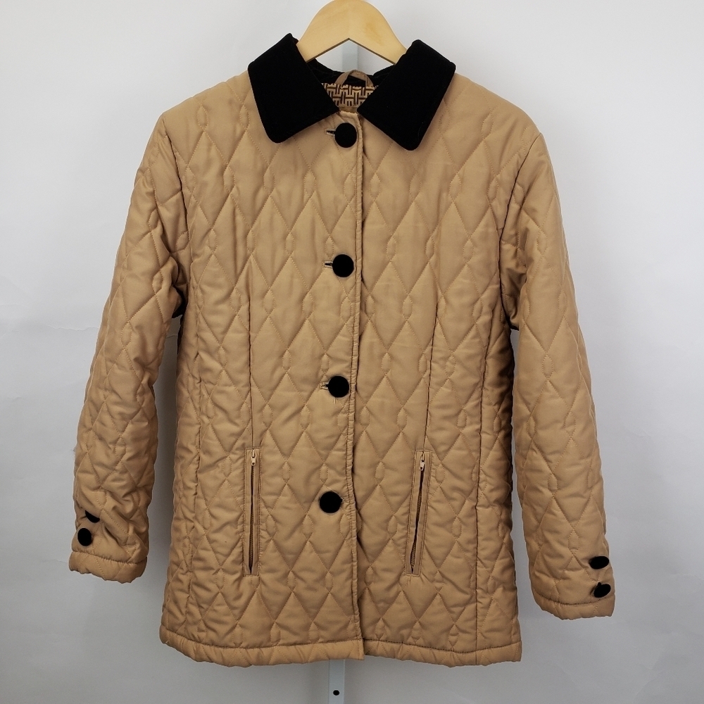 Halston Sport quilted jacket tan black velvet buttons collar size small
